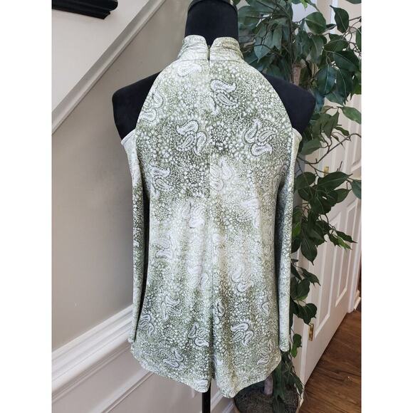 Michael Kors Women's Green Paisley Off the Shoulder Back Zip Top Blouse Size XS - Picture 7 of 11